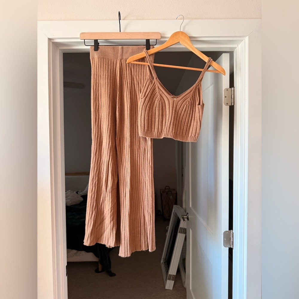 Ribbed Knit Two-Piece Set in Coral